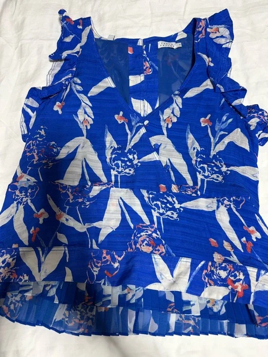 Tanya Taylor Cobalt Blue Floral Ruffle Peplum Blouse - Picture 4 of 5